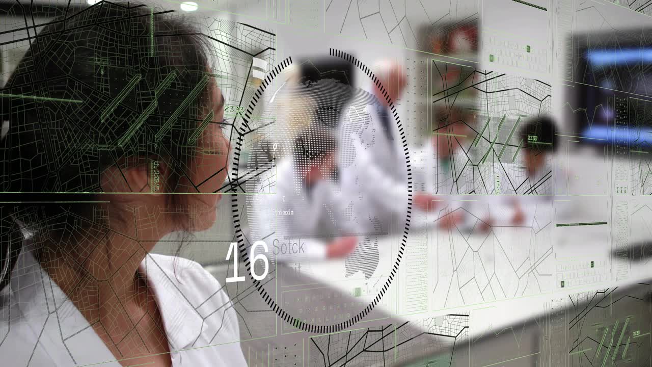 Female lab researcher turning and smiling while HUD overlay appearing, animating numeric readouts