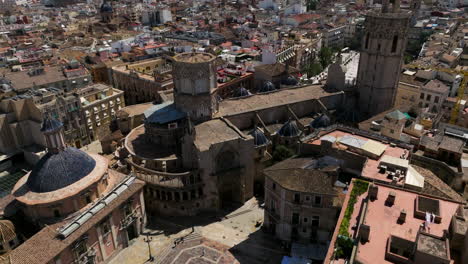 Aerial-View-Of-Valencia-Cathedral-In-Valencia,-Spain-At-Daytime---drone-shot