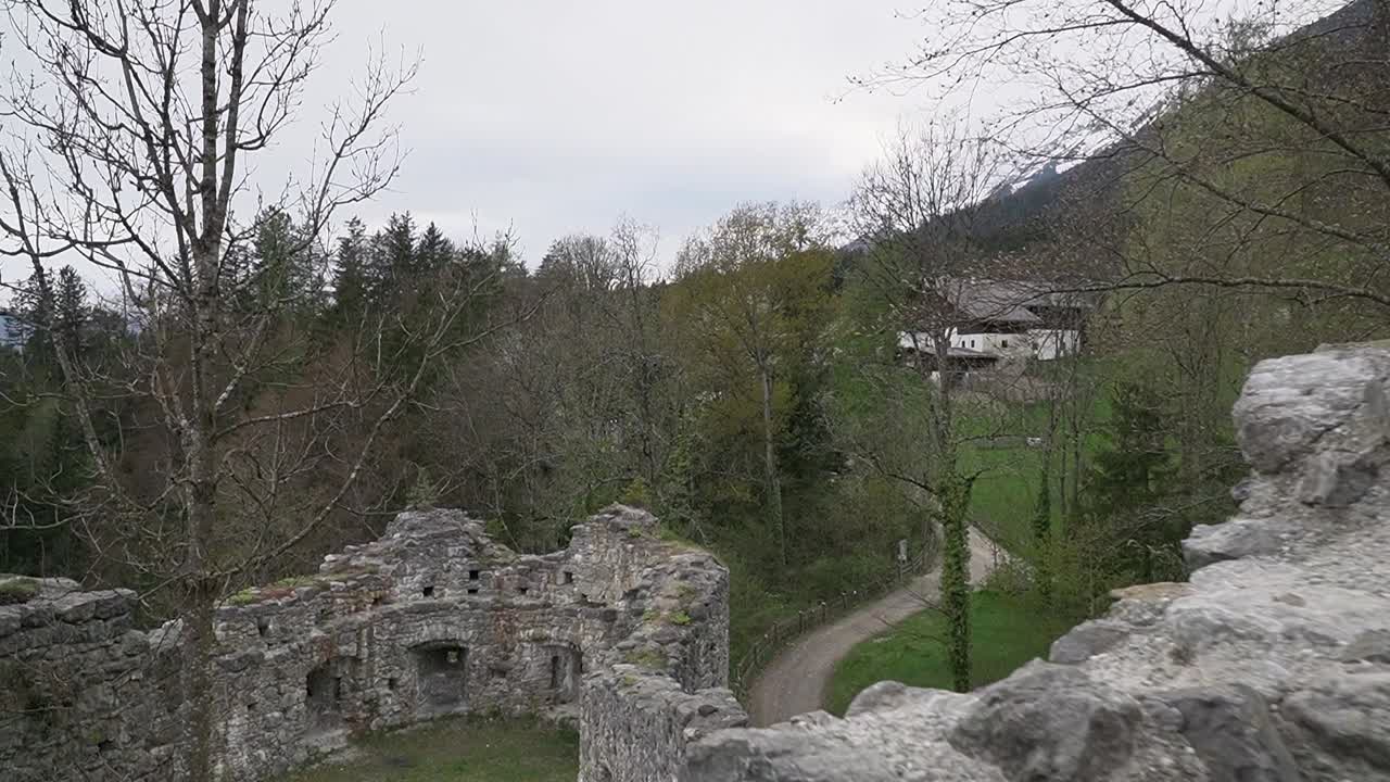 Ruins of old medieval castle in Austria. Ruined site from Middle Ages. Old castle in Tyrollean mountains,