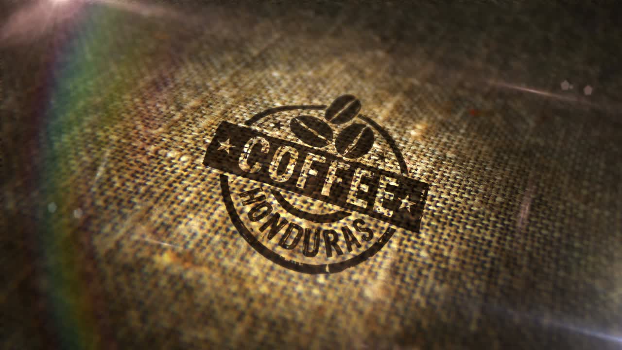 Animação em loop de selo 'Café Honduras' em saco de linho.