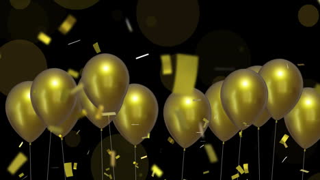 Animation-of-gold-balloons-with-confetti-on-black-background