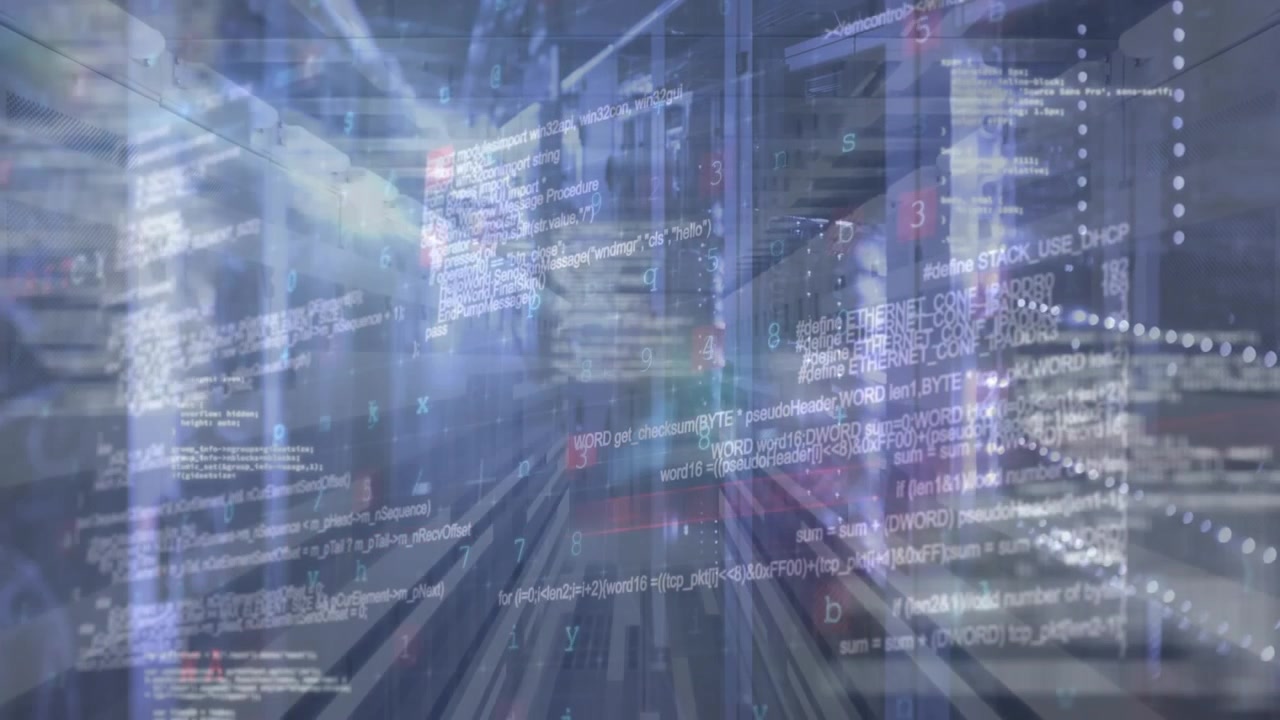 Animation of data processing and moving columns over server room