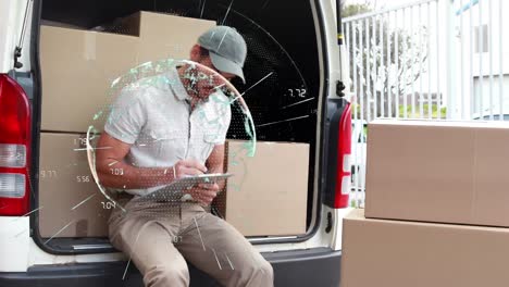 animation of globe of connections over delivery man with clipboard and cardboard boxes