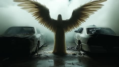 angelic figure amidst abandoned cars. a striking figure with large wings stands between two damaged vehicles, shrouded in mist and mystery.
