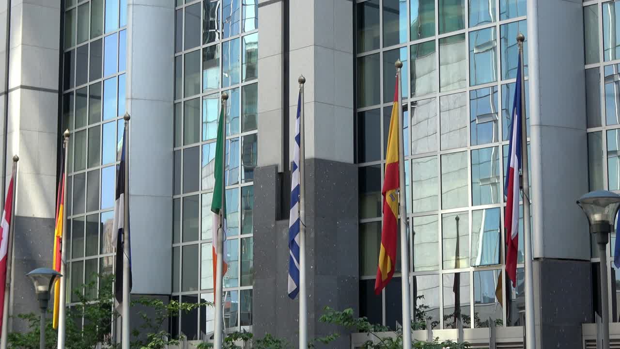 4K. European Union countries flags are waving. European Parliament