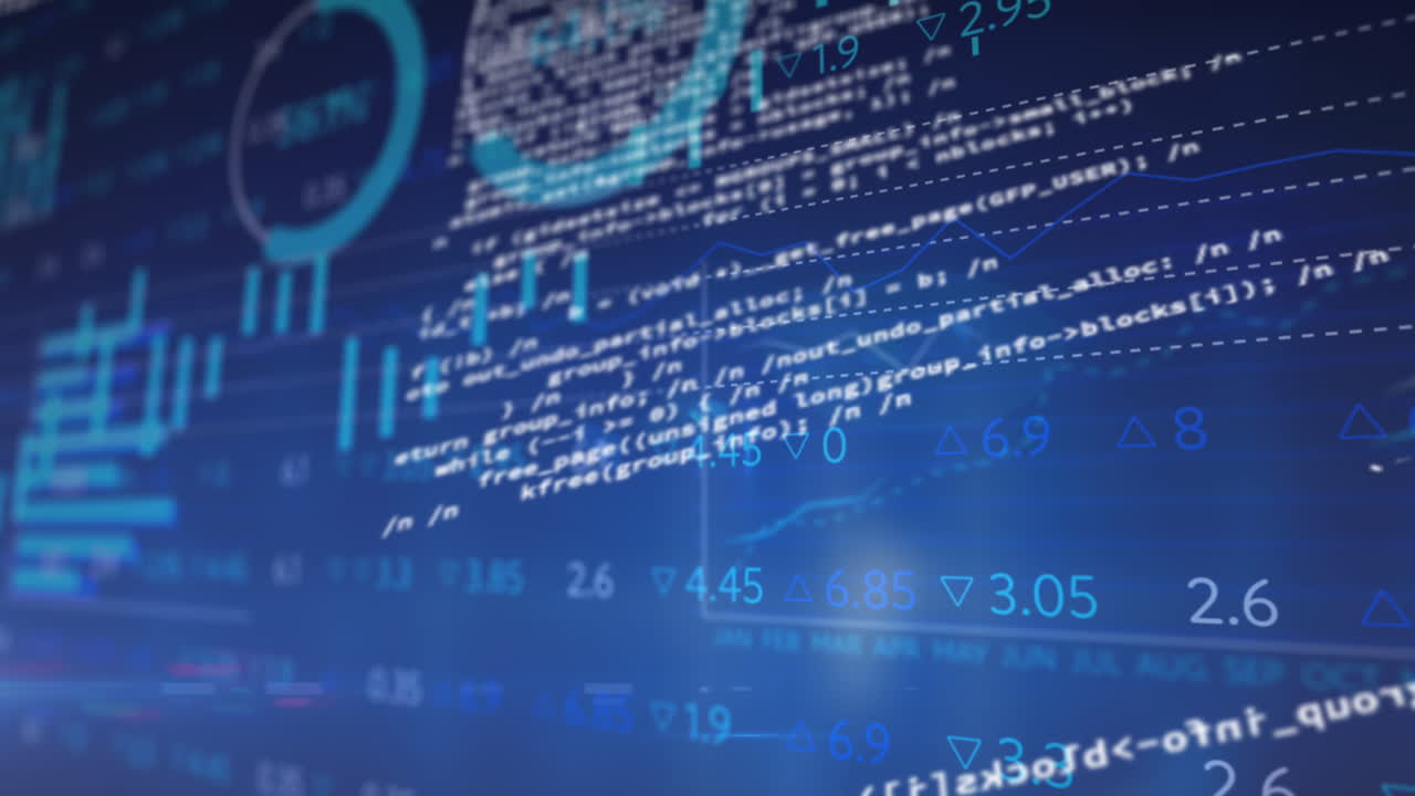 Animation of data processing and diagrams on blue background
