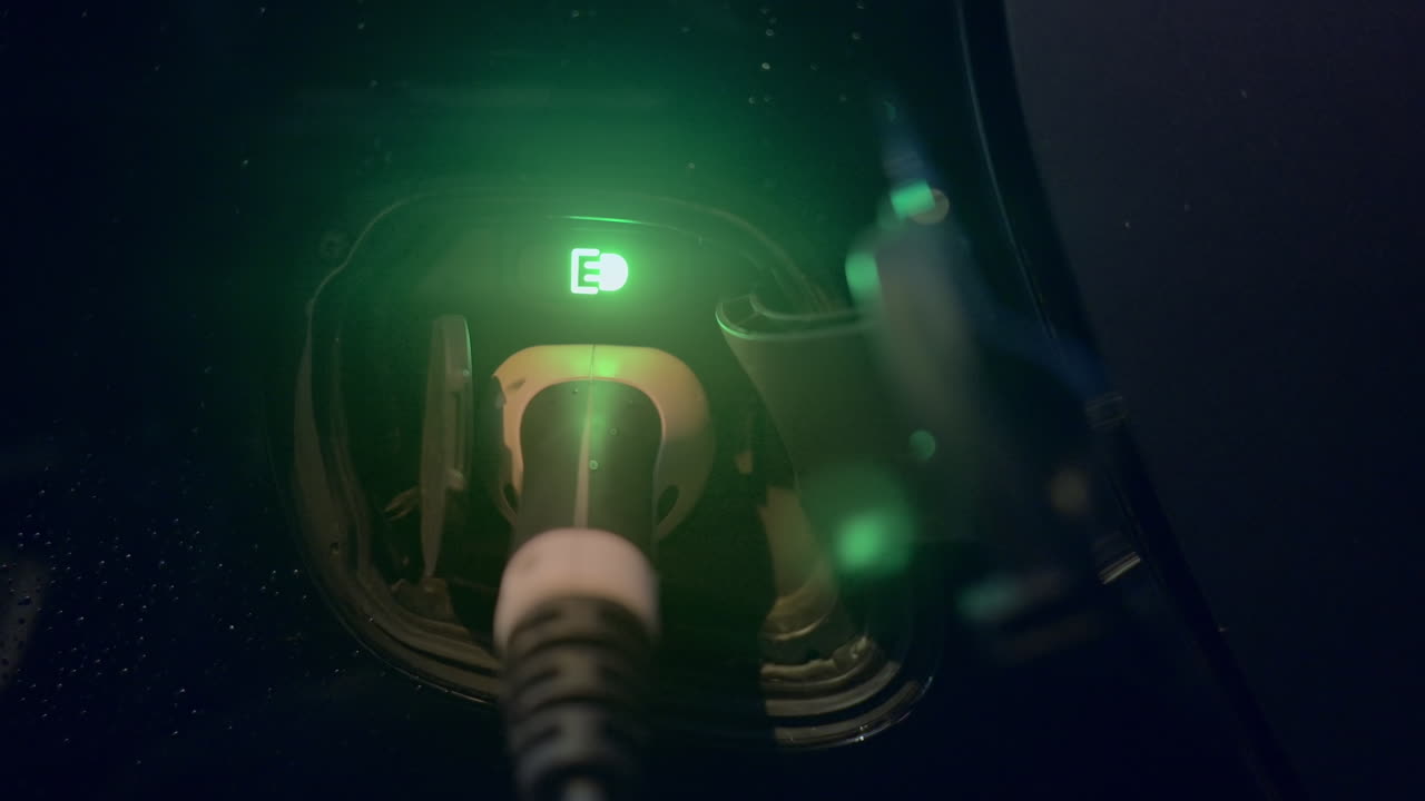 Close view of a charger plugged into an electric car at night