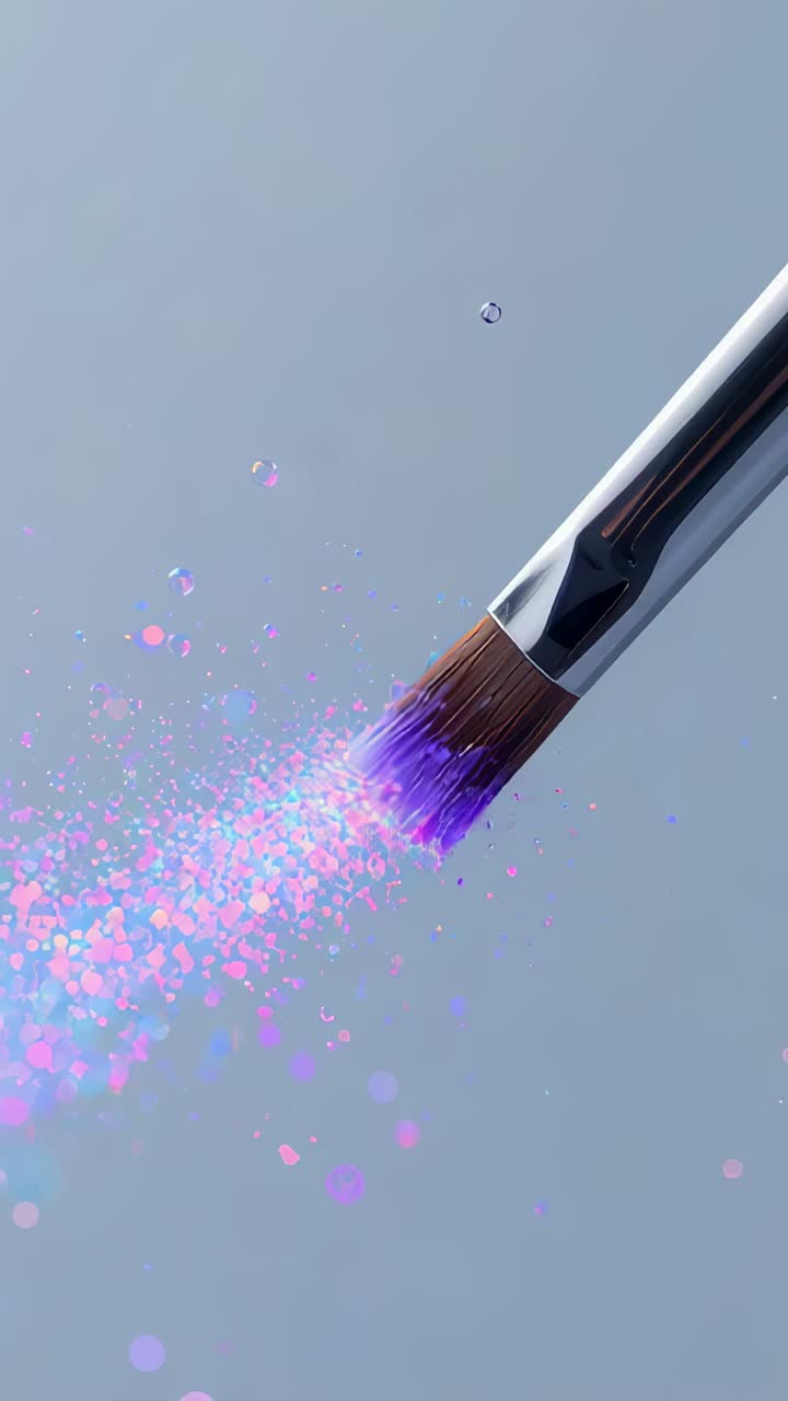 Vertical video: Sweeping makeup brush with ferrule releasing bright glitter mist on pale backdrop