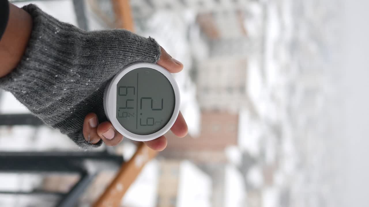 Handheld Thermometer in Snowy Weather
