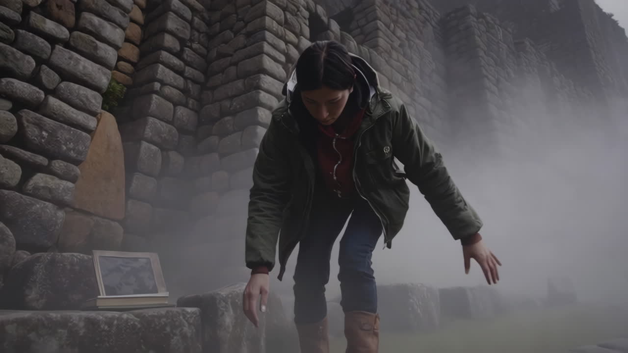 Woman Exploring Ancient Ruins in Fog