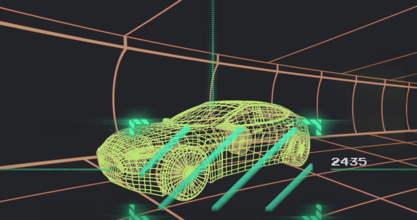 Turquoise beams appearing and scanning yellow wireframe car in grid tunnel, HUD readouts changing