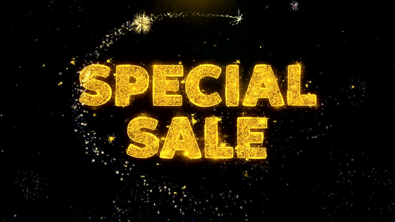금 입자 불꽃놀이 디스플레이에 대한 특별 판매 텍스트.