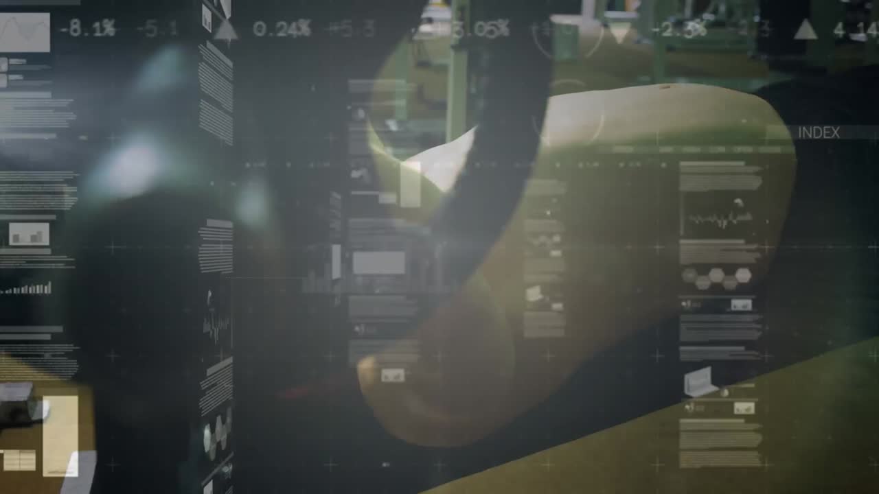 Animation of network of connections and data processing over fit man exercising in gym