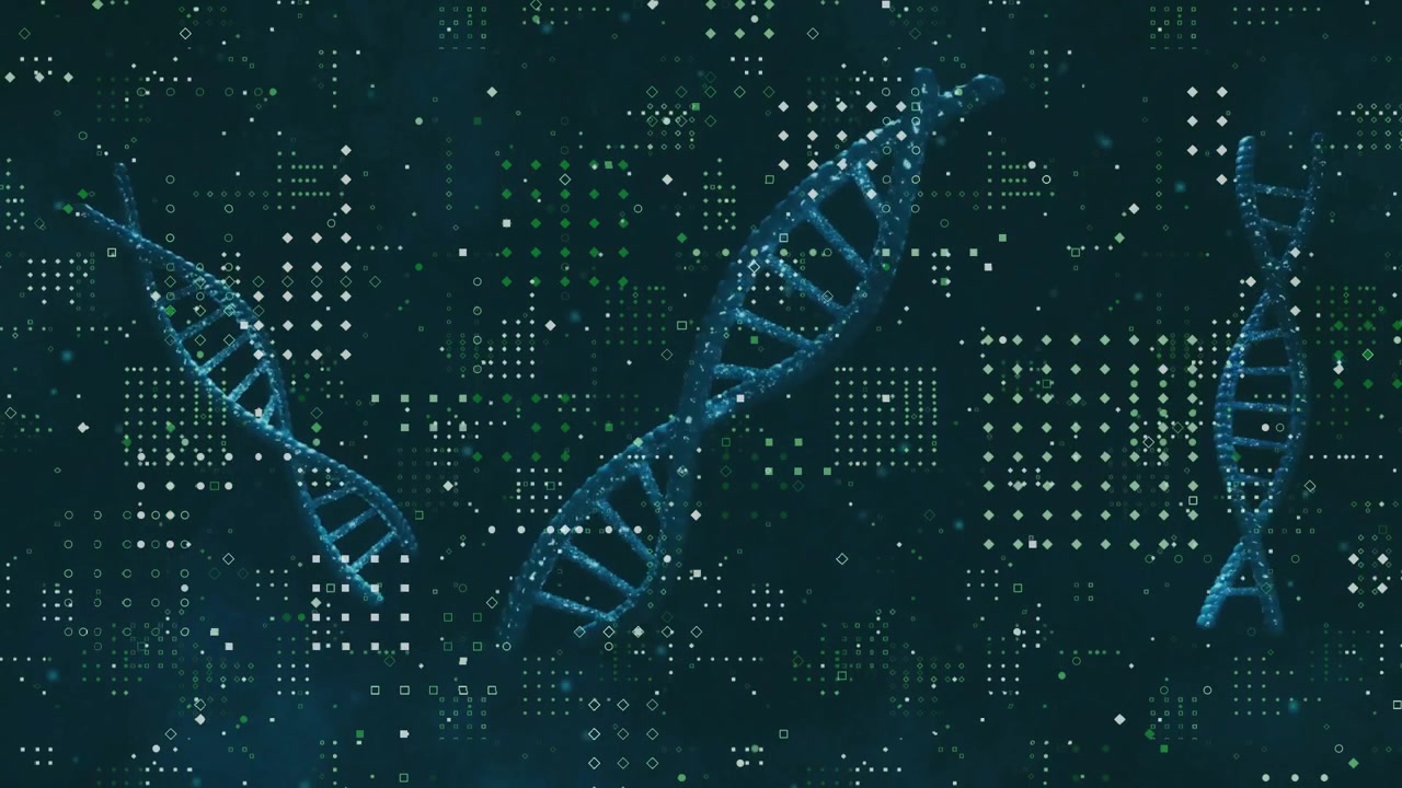 At start glowing blue DNA helices drifting across teal backdrop while pixels pulsing showing data