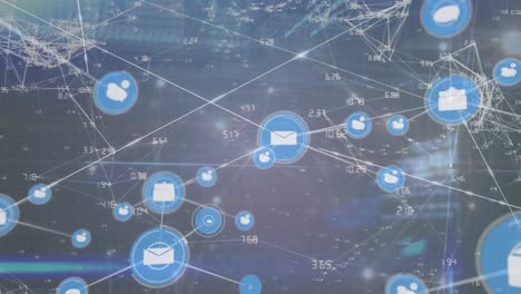 animation of network of connections and digital icons against blue light spot on grey background