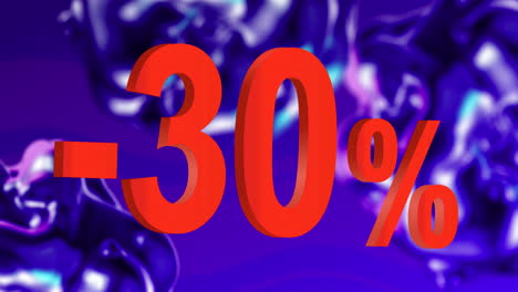 animation of minus 30 percent text on liquid purple background