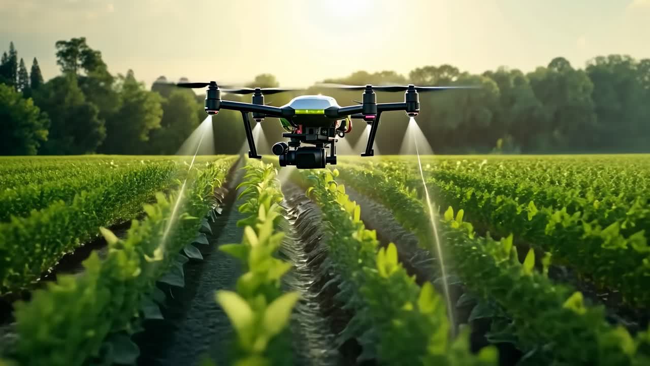 Low-angle video shot of a drone spraying crops in a lush field, showcasing modern agriculture