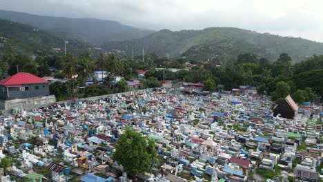 aerial perspective of tombs in a colorful and compact cemetery in dili. santa cruz cemetery