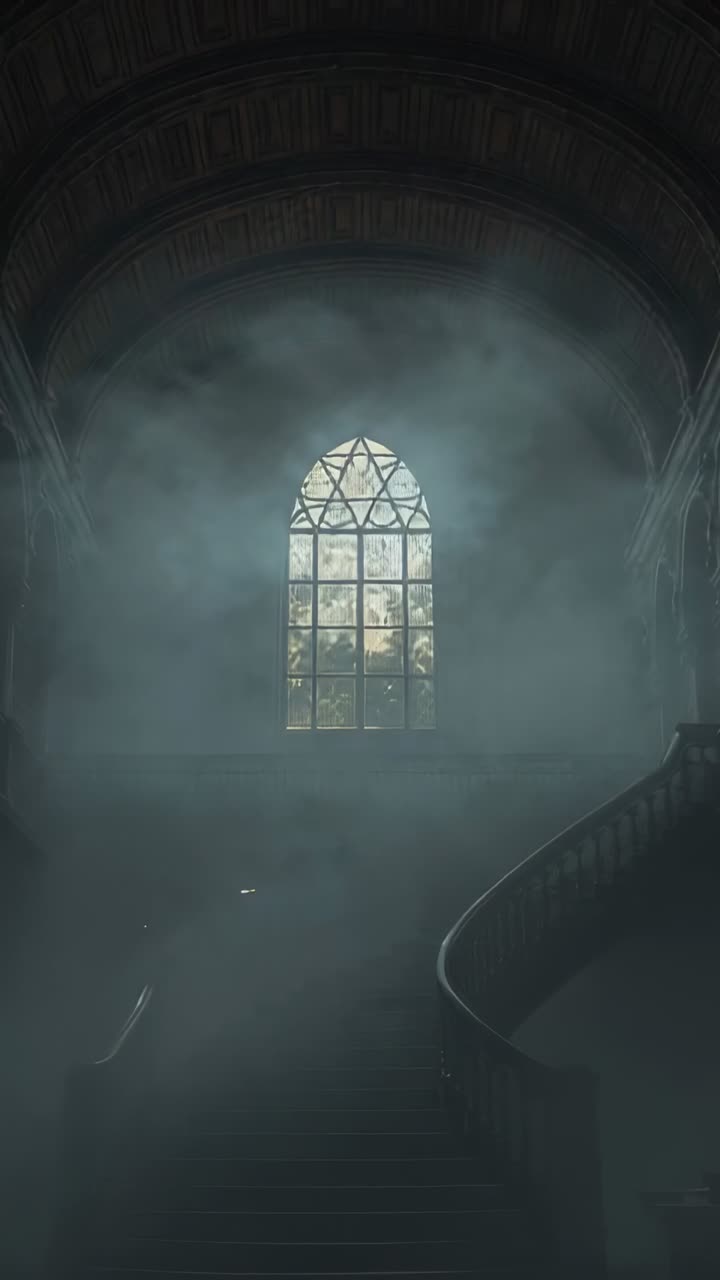 Vertical video: Arched window filtering daylight in grand hall, mist swirling across staircase