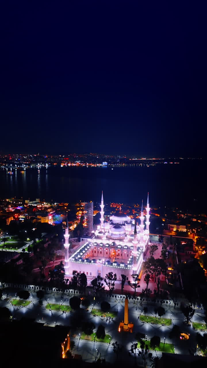 Flying towards the spectacular building of mosque illuminated by the fantastic lights. Night scenery of Kemer, Turkey. Vertical video