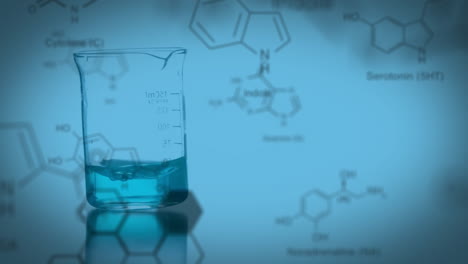 beaker with blue liquid over chemical formulas and molecular structures, scientific animation