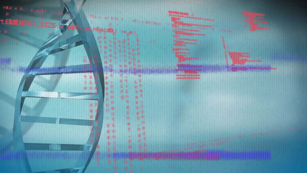 animazione dell'elaborazione dei dati e filatura del filamento del dna