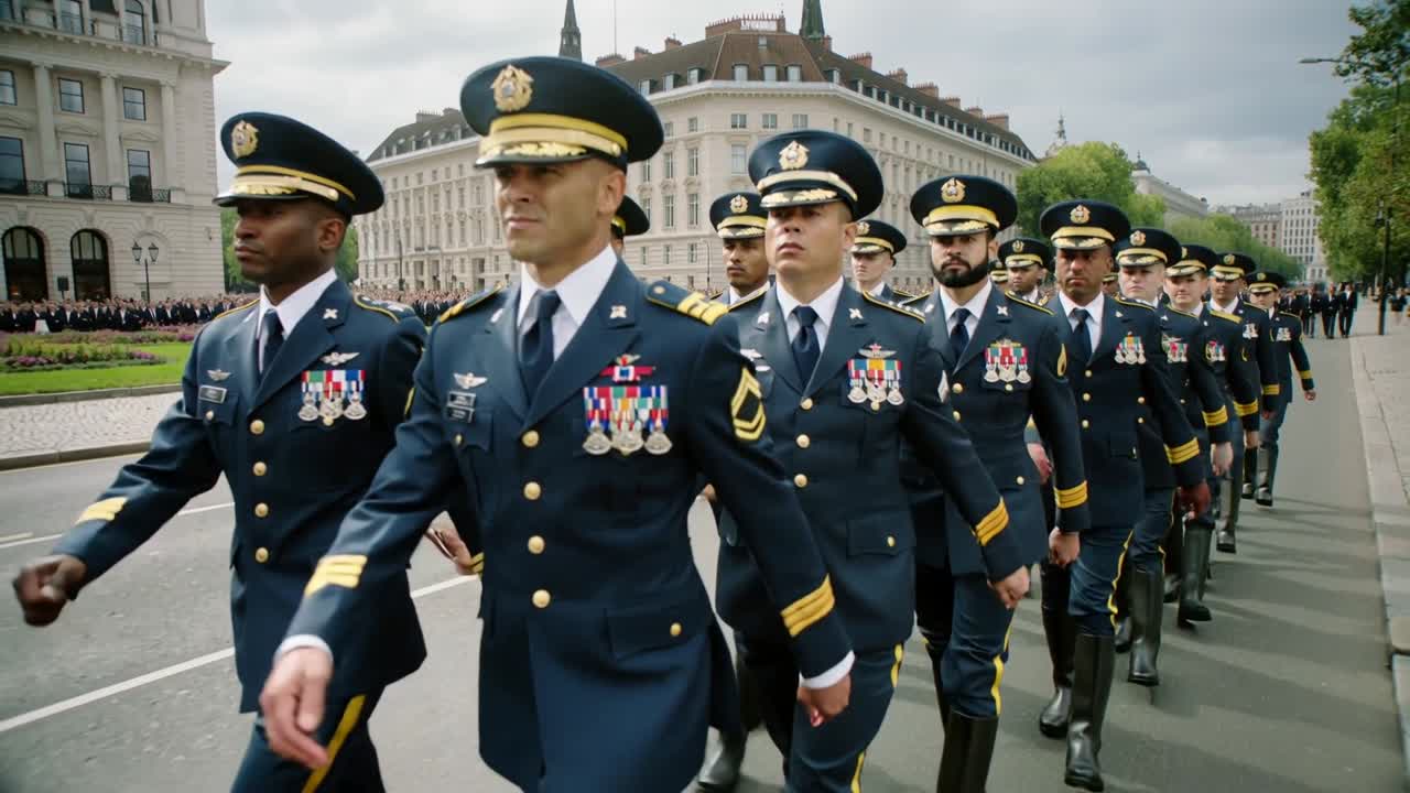 Entering lead officers marching formation along city avenue, with dress uniforms and peaked caps