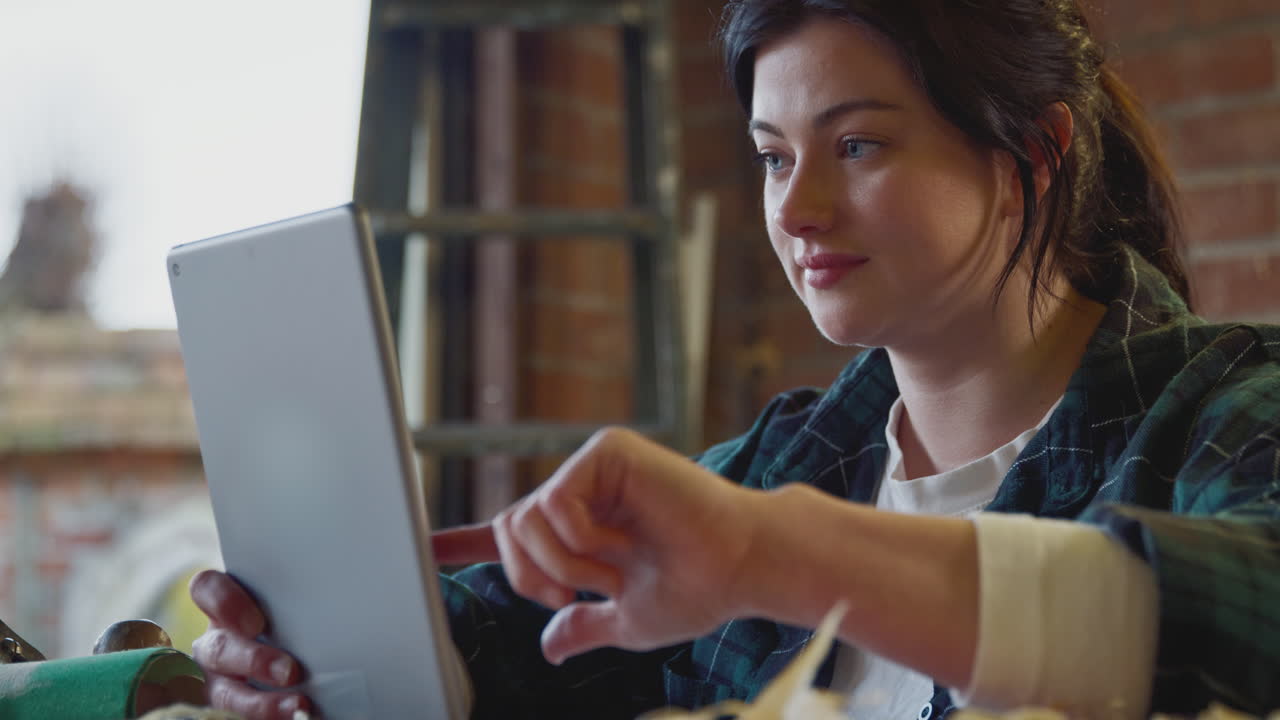 carpintero femenino en un taller de garaje mirando el diseño en una tableta digital