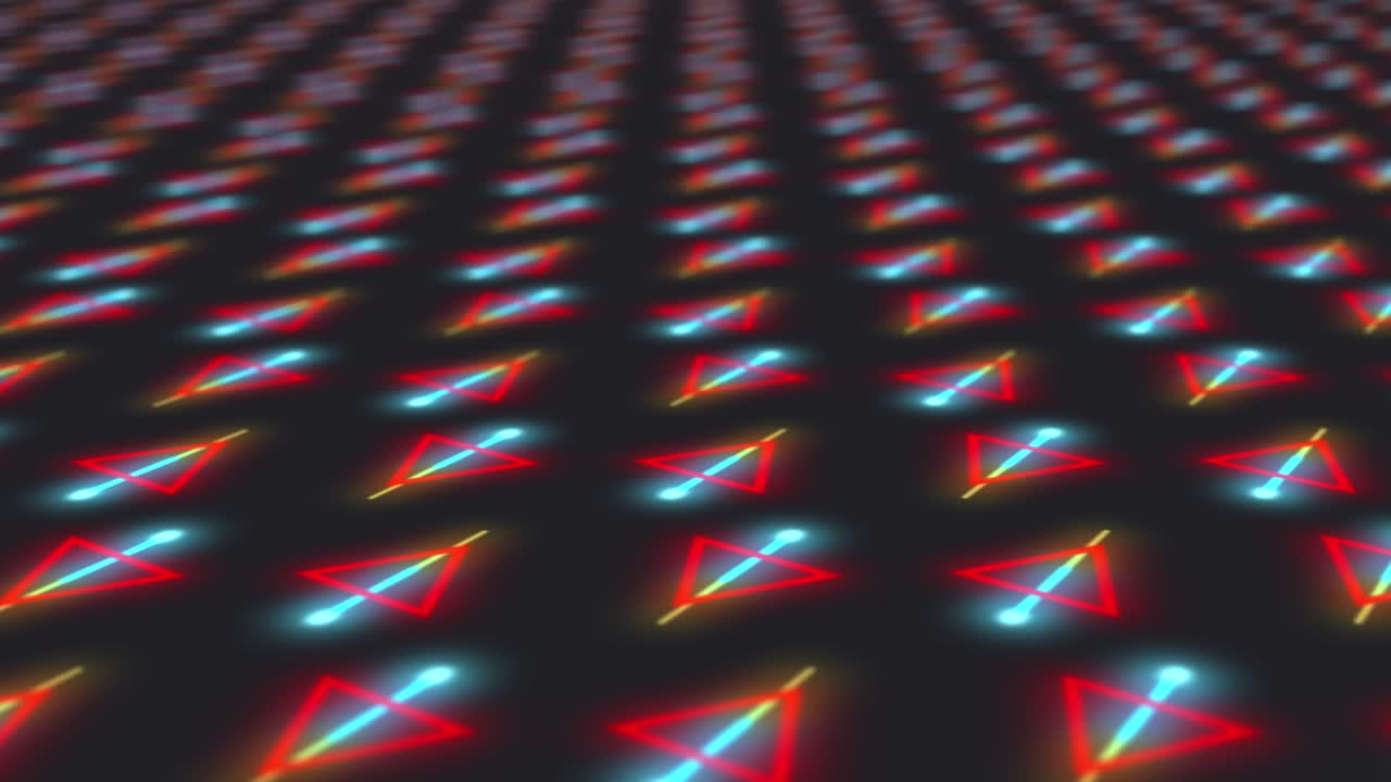 fondo geométrico abstracto animado con triángulos giratorios en mosaico y líneas en zigzag sobre un fondo gris oscuro con colores verde azulado y verde, en una profundidad de campo poco profunda