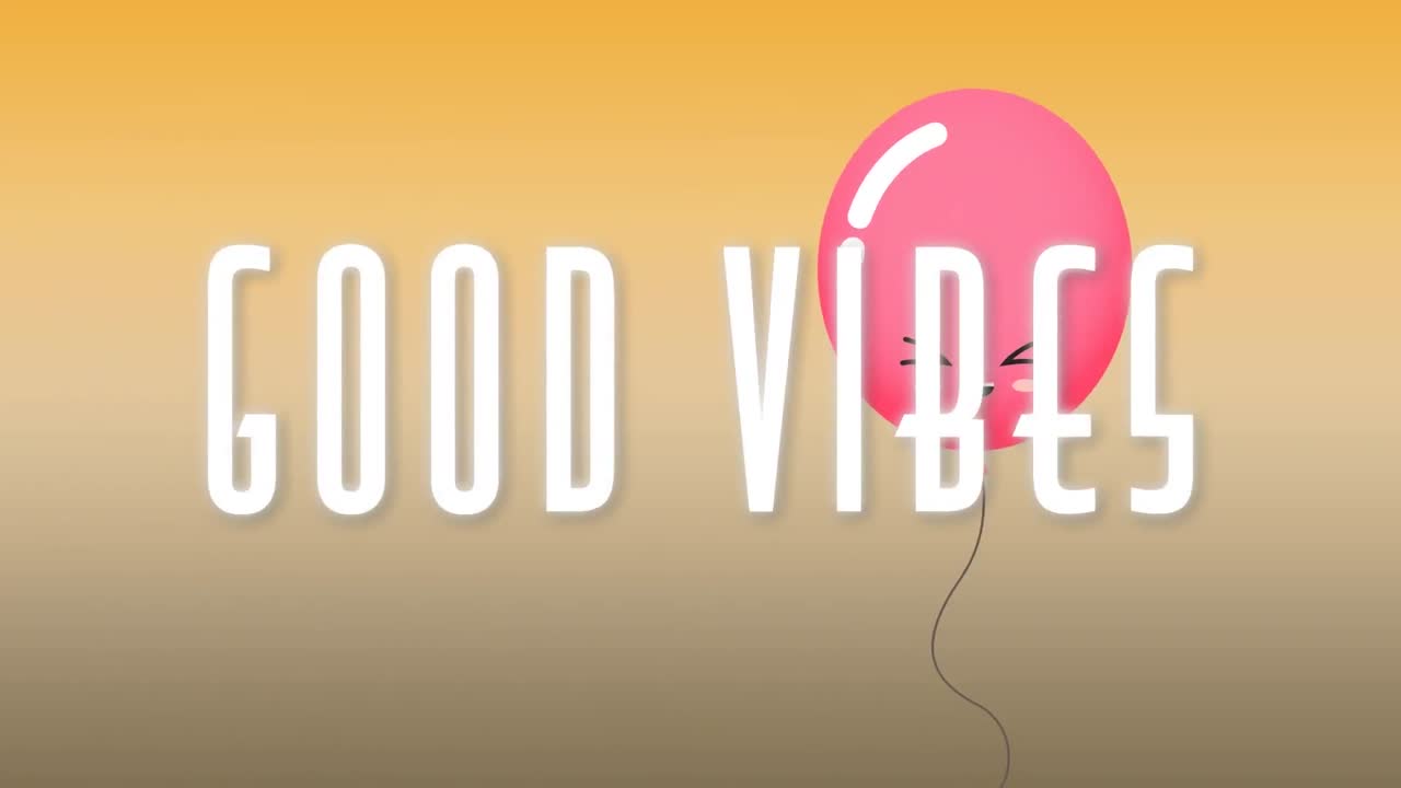 animación de las palabras buenas vibraciones en blanco con globo rosa flotante en naranja