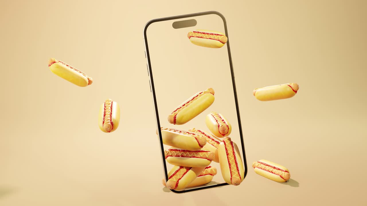 3d animation of hot dogs grill with mustard on mobile display against beige surface
