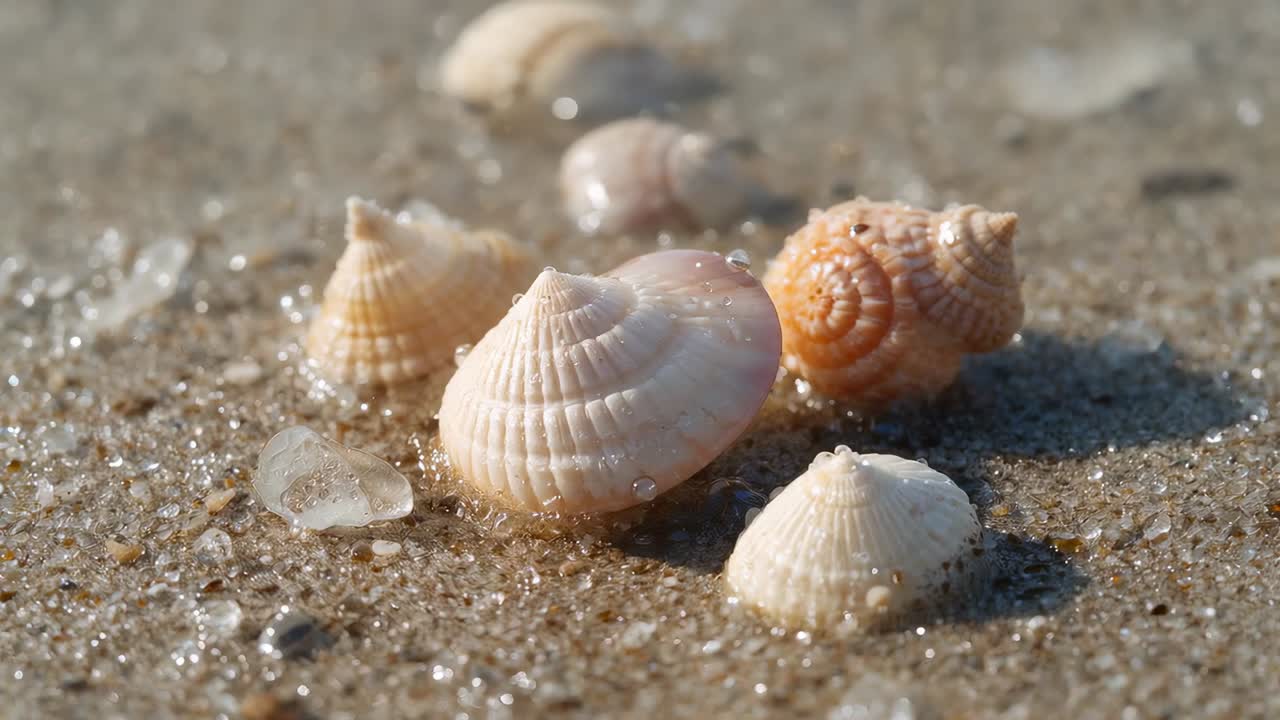 Moving shallow ripple, triggered by gentle tide, washing over shells on wet sand, sea glass