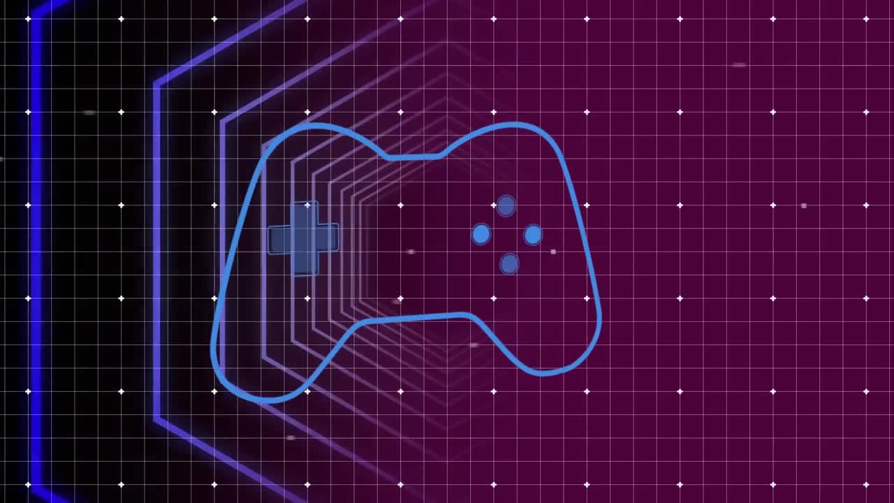 Animation of video game controller over hexagonal shapes in seamless pattern on purple background