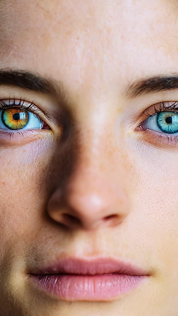A Close-Up of a Woman's Face with Strikingly Different Colored Eyes and Natural Beauty Captured in High Definition