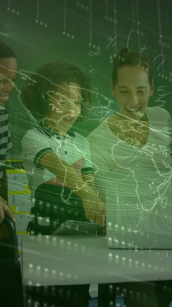 Vertical video: Teacher guiding children after child tapping laptop, augmented map aiding education