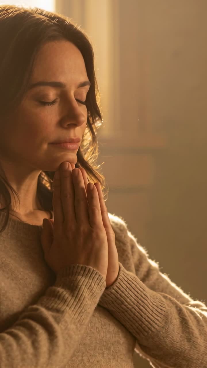 Donna con le mani giunte al petto, il respiro che provoca movimenti per il benessere, un raggio di sole che illumina i granelli di polvere.