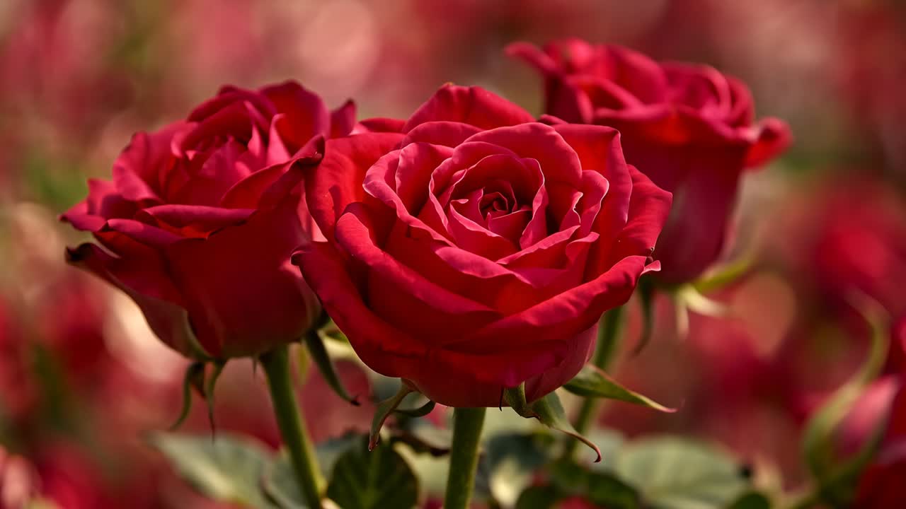 Mostrando 3 boccioli di rosa rossa, mantenendo il bocciolo centrale nitido in studio tramite spostamento della messa a fuoco, rivelando gli steli