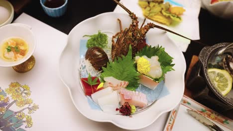 japanese kaiseki dinner, ise lobsters and sashimi close up