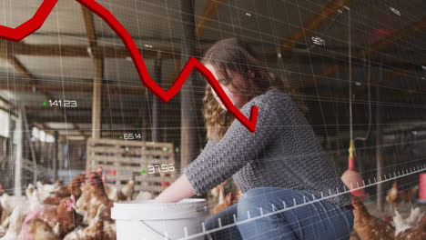 red declining graph animation over woman feeding chickens in barn