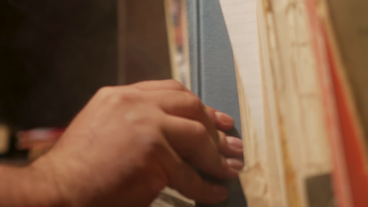 Nærbillede af en hånd, der tager en bog fra en bogreol og sætter den tilbage på sin plads, mens hvid røg kommer og går under handlingen.