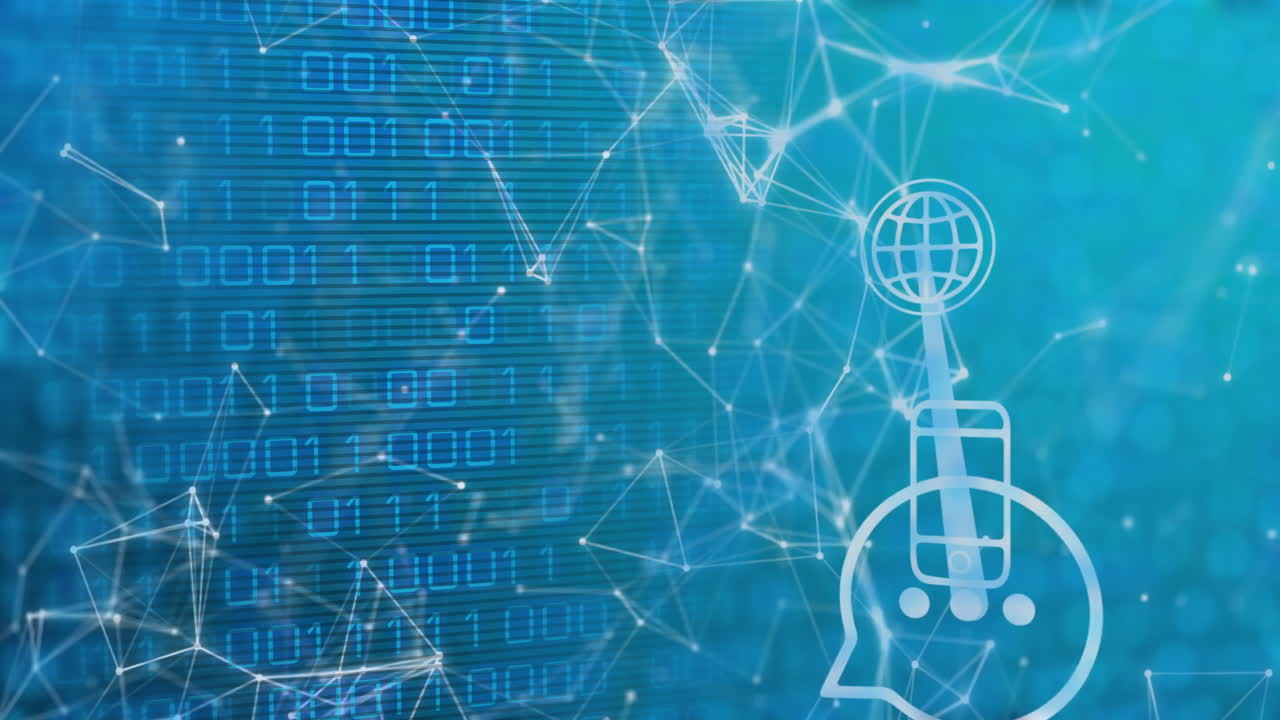 Animation of globe with digital network connections and binary code in background