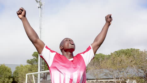 celebrating victory, african american male athlete in sports jersey raising arms outdoors, on field