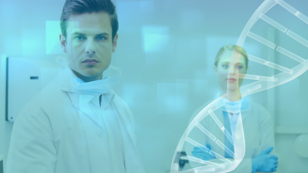 анимация вращения нити днк и обработки данных над кавказским врачом женского и мужского пола