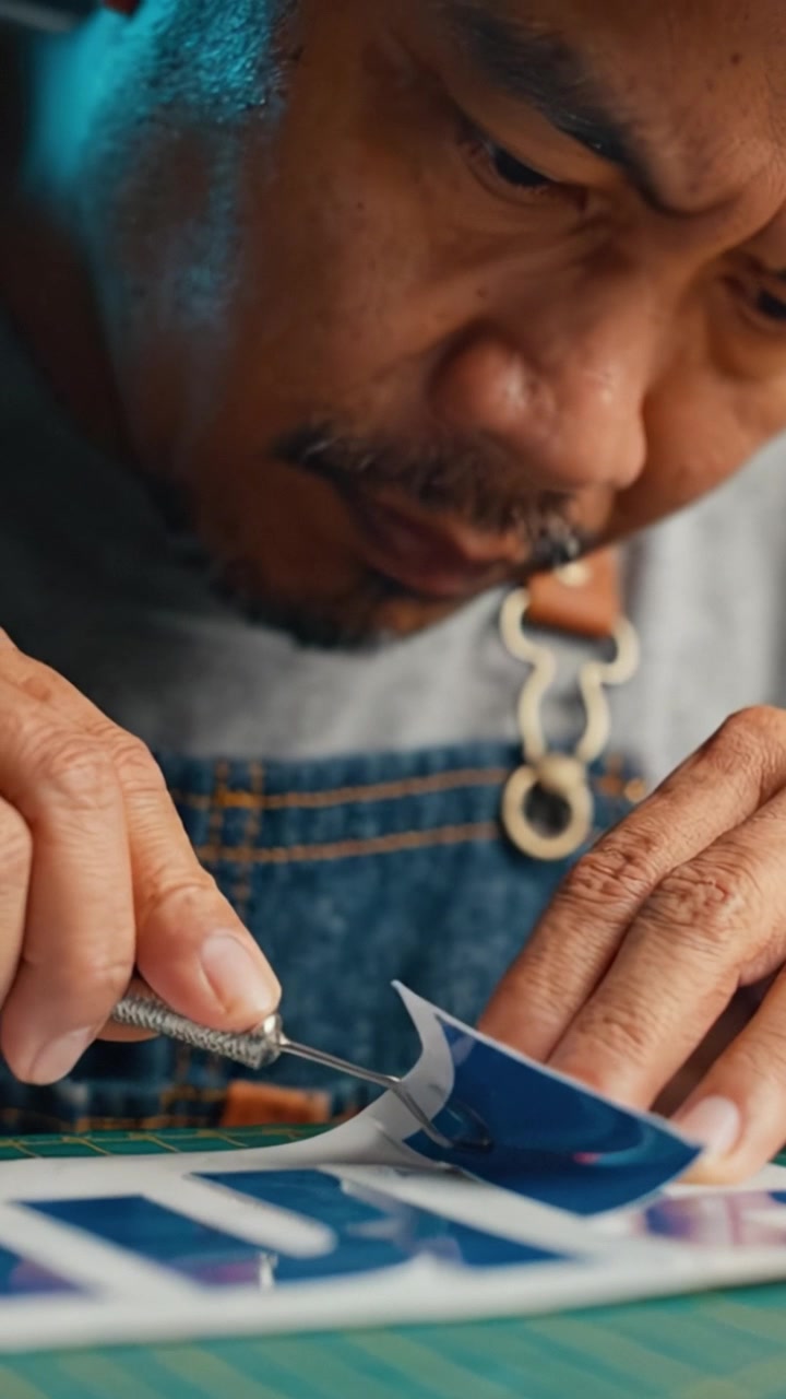 Skilled Craftsman Precision Cutting Detailed Design Work with Craft Knife Focused on Creative Artistry in the Crafting Process of Unique Creations