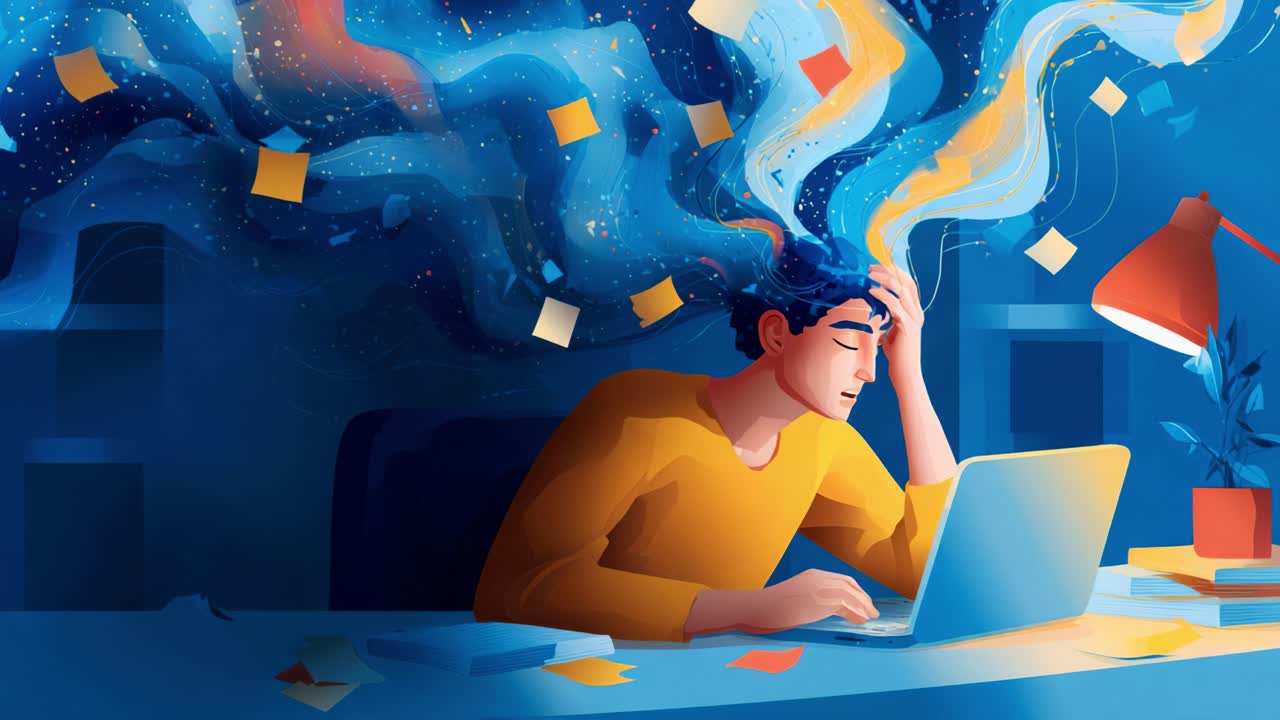 A young man sits at a desk, overwhelmed with thoughts and emotions, as colorful pieces of paper float above, symbolizing creativity and stress while working on a laptop late at night