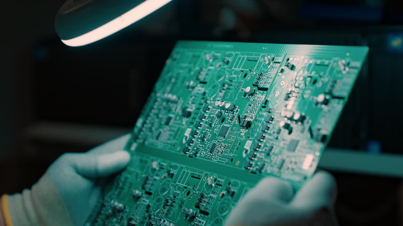 Slow motion tech inspection with detailed circuit board focus