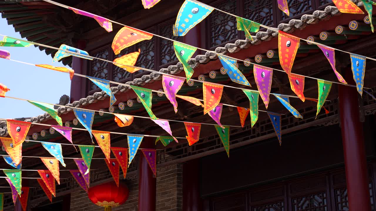 Close-up of colorful Pinyin flags waving in the wind at the Taoist City God Temple in Xian, China
