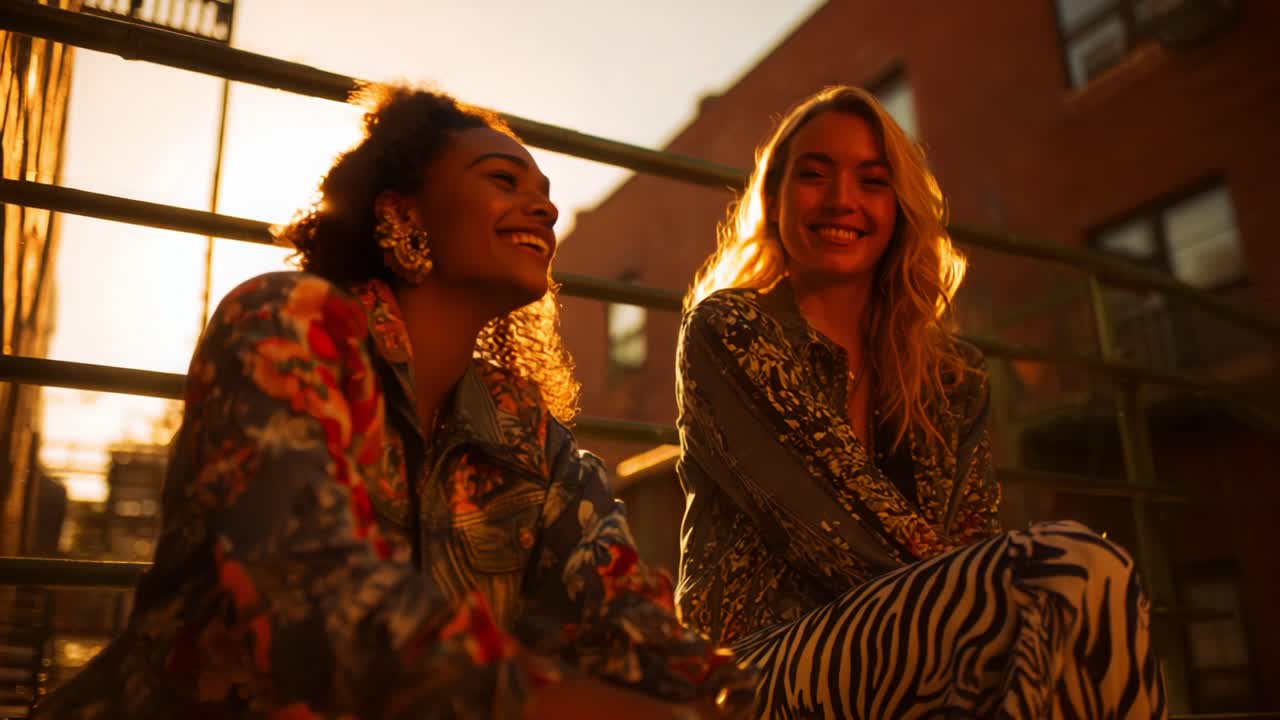 Joyful Friendship Radiating in Golden Sunset as Two Women Share Laughter and Style on Urban Steps, Capturing a Moment of Connection Against a Warm Evening Backdrop
