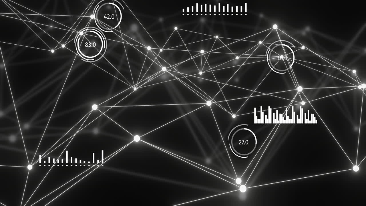 Animation of bright white network and data processing over distant network on black background
