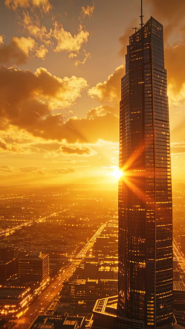 Vídeo vertical: Sol em movimento deslizando reflexo de lente sobre torre de antena na malha urbana, aquecendo a vista.